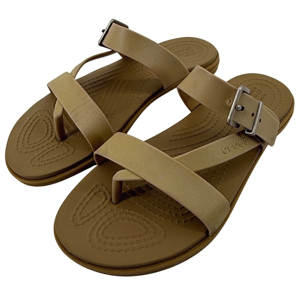 Crocs Tulum Toe Post Sandal Metallic Champagne Tan Women 4 Slip On Buckle